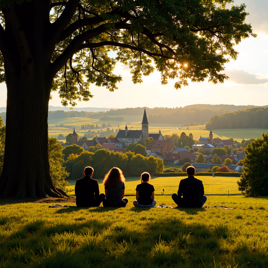 Four friends enjoying the sunset in a tranquil landscape setting.