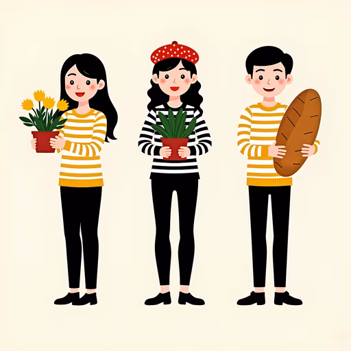 French Characters with Flowers and Bread