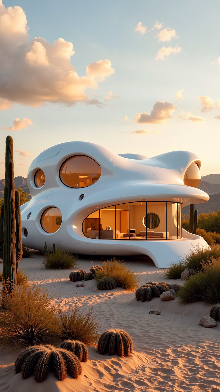 Futuristic desert oasis with organic architecture and golden sunset glow.