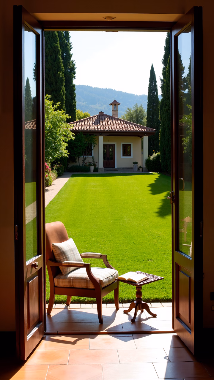 Cozy balcony view of a peaceful garden and house under bright sunlight.