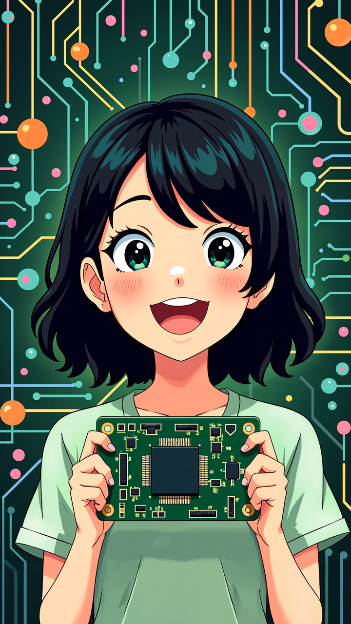 A joyful girl holding a circuit board against a colorful circuit backdrop.