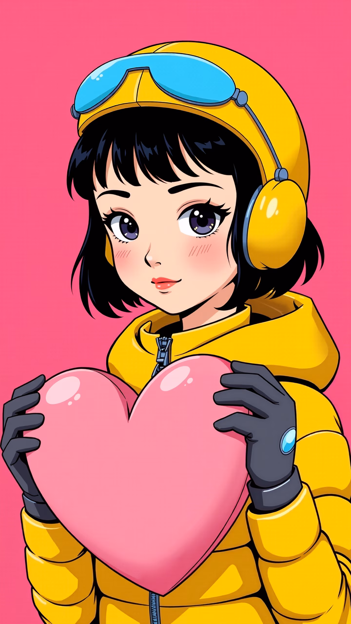 A cheerful girl holding a heart, wearing a yellow outfit, set against a pink backdrop.