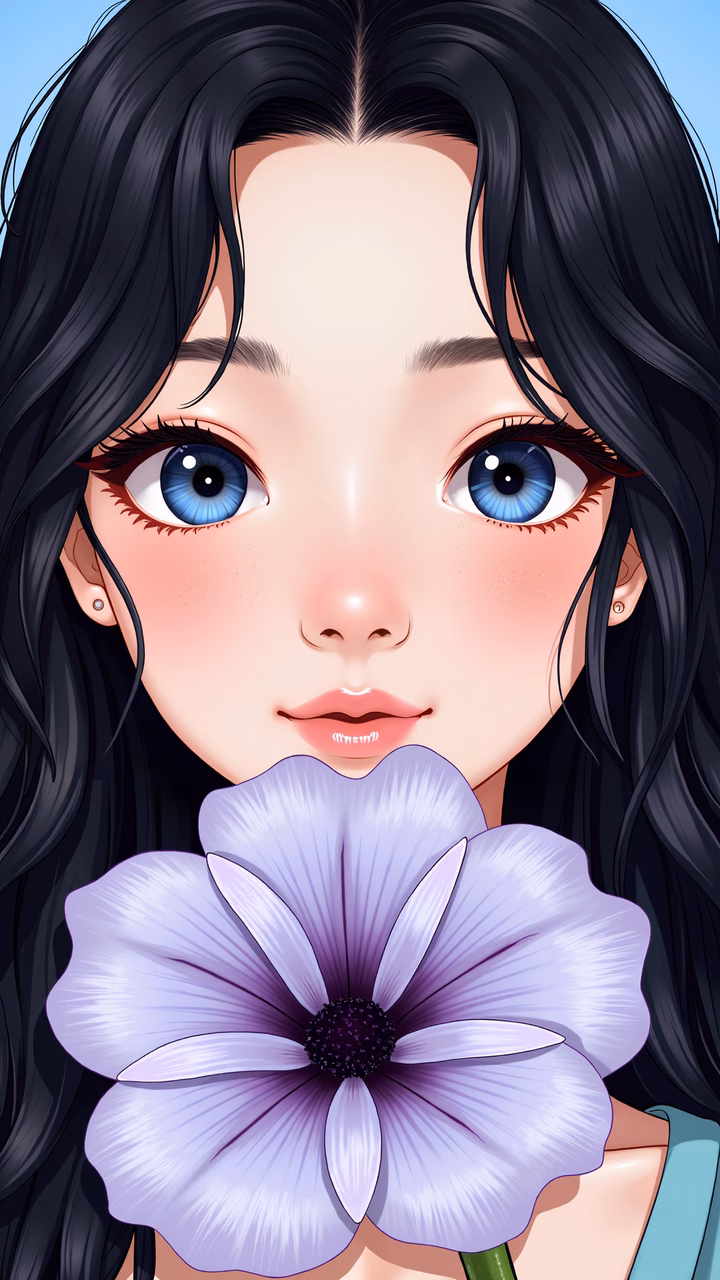 Close-up illustration of a girl holding a purple flower, serene and ethereal.