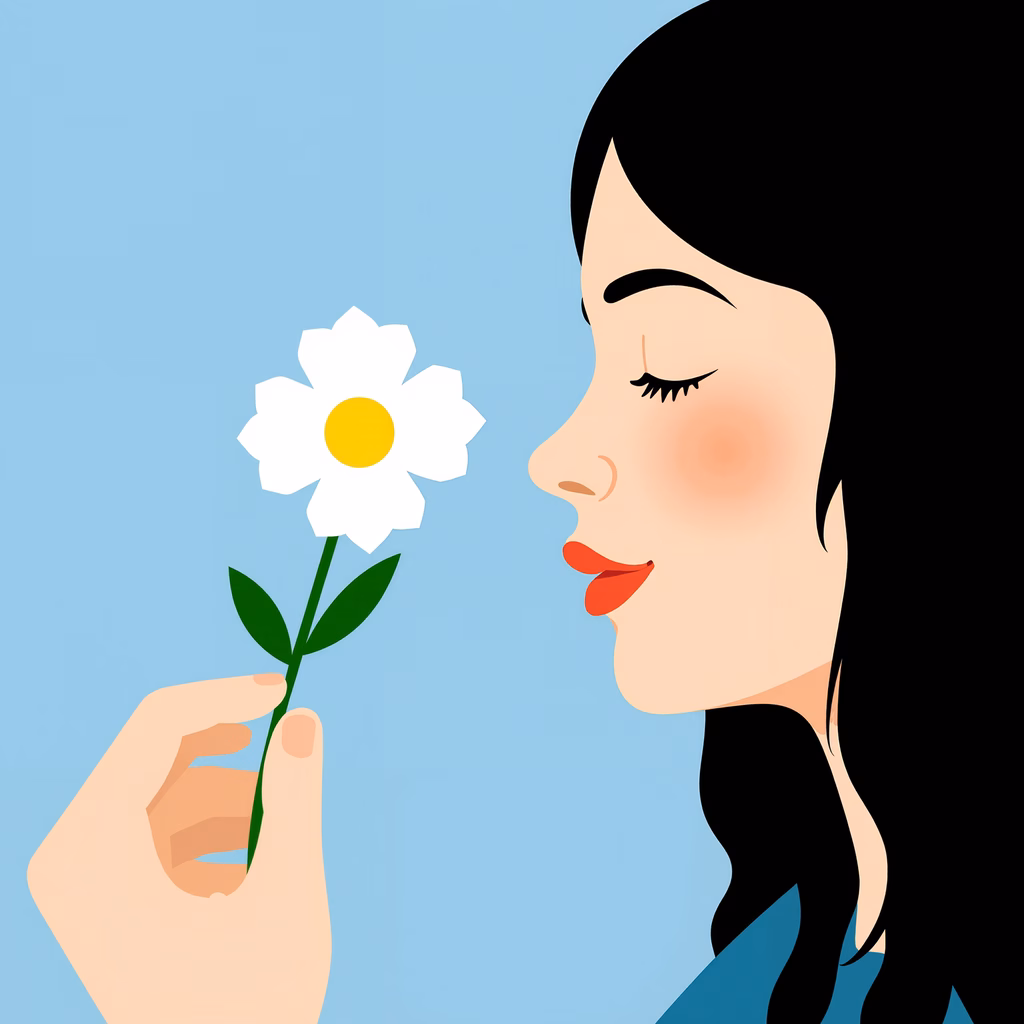 Minimalist illustration of a woman smelling a flower, evoking peace and joy.