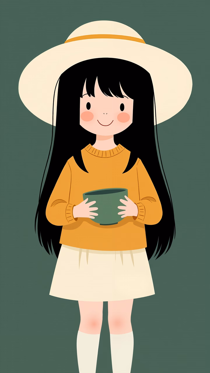 A cute girl holding a mug in a warm, inviting illustration.