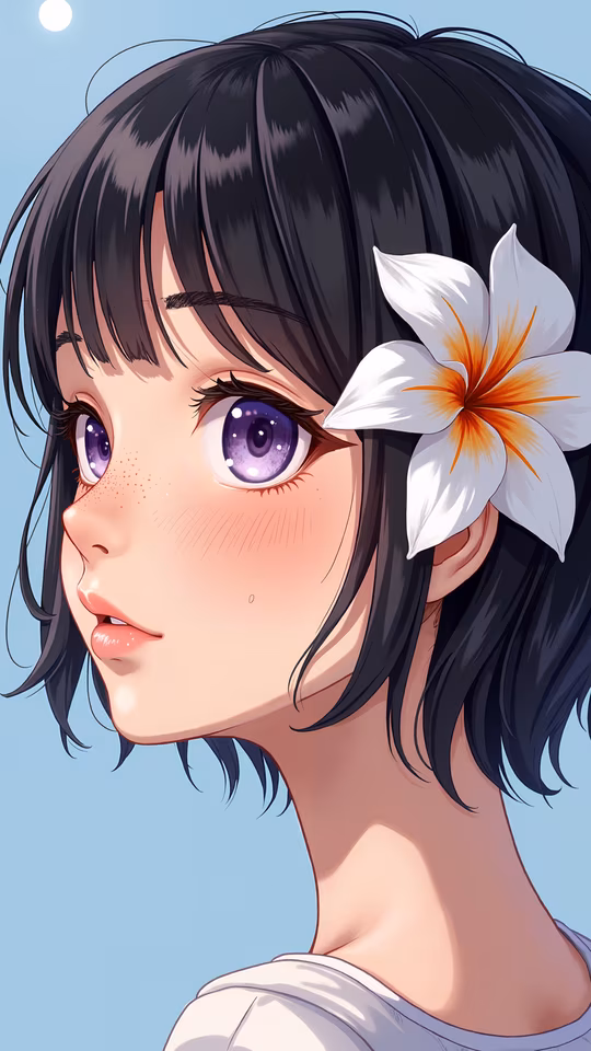 Girl with Purple Eyes and White Flower