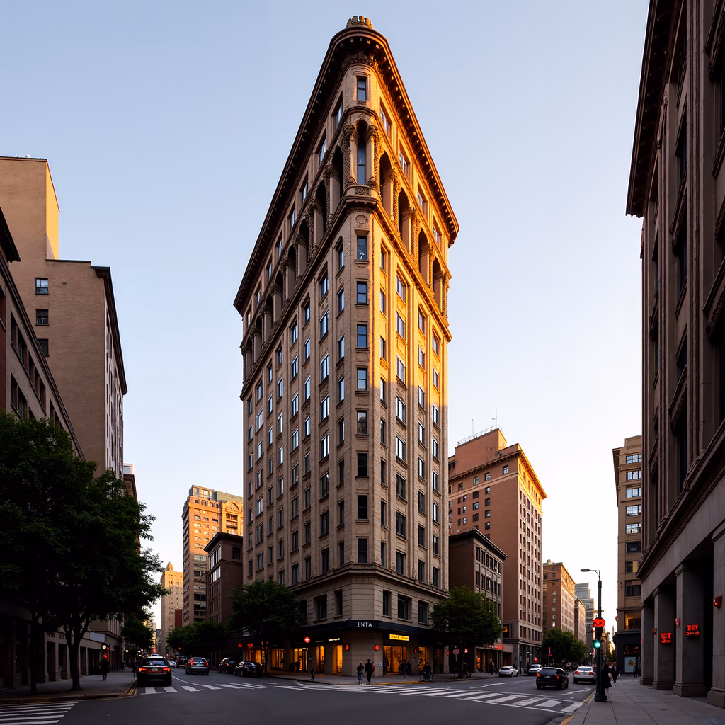 Golden hour light bathes a historic urban corner building, evoking a sense of calm and nostalgia.