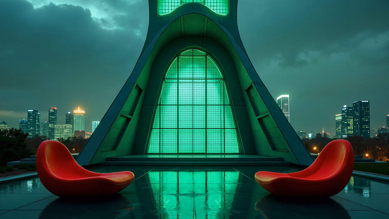 Futuristic temple with glowing green light and red chairs against a cityscape.