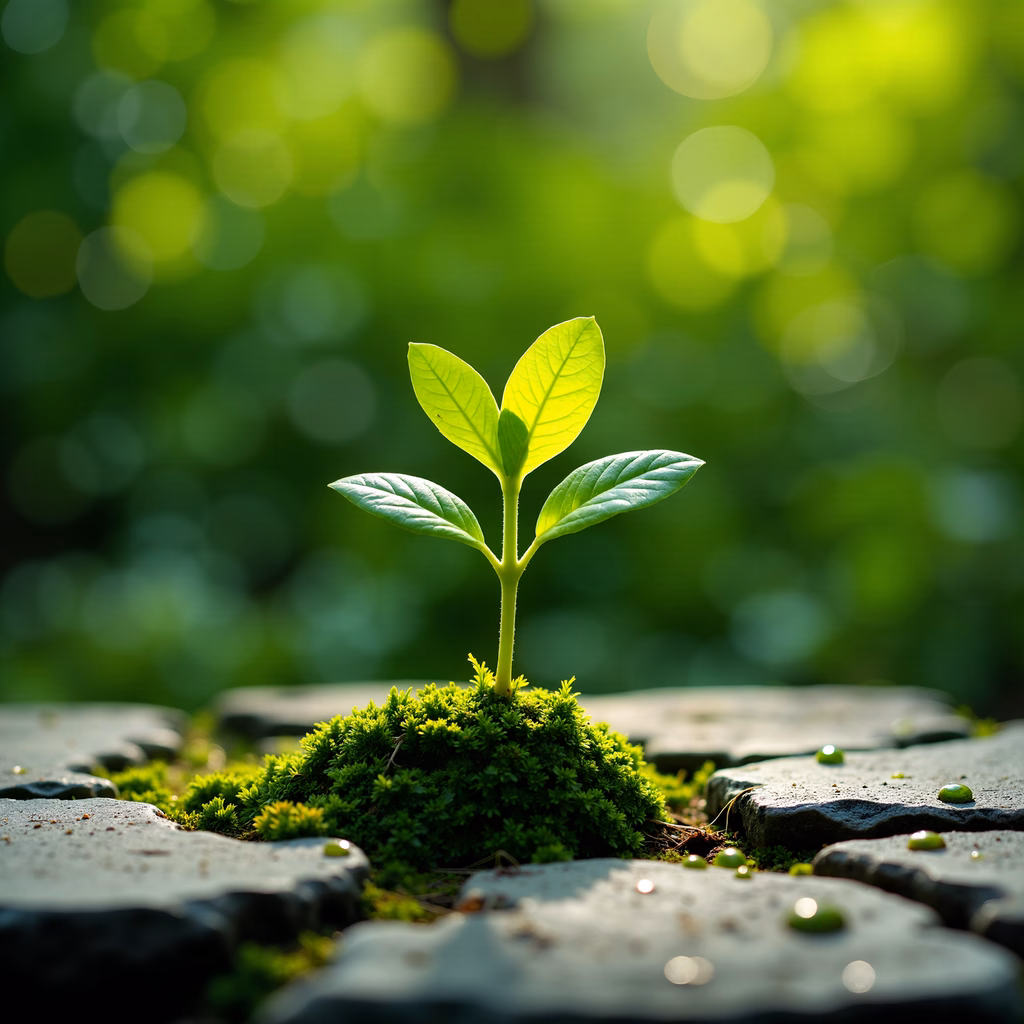 A sprout growing amidst moss and stones under soft sunlight, symbolizing resilience and renewal.