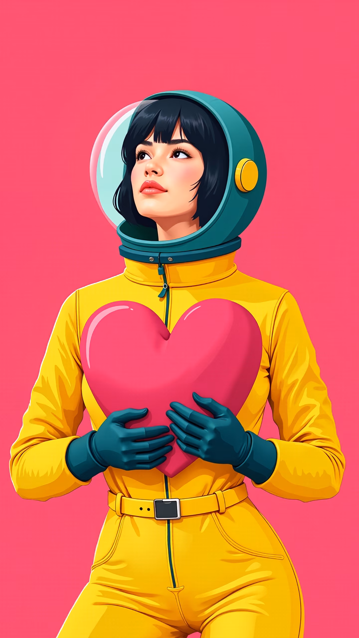 Astronaut holding a heart in a bright, colorful space-themed illustration.