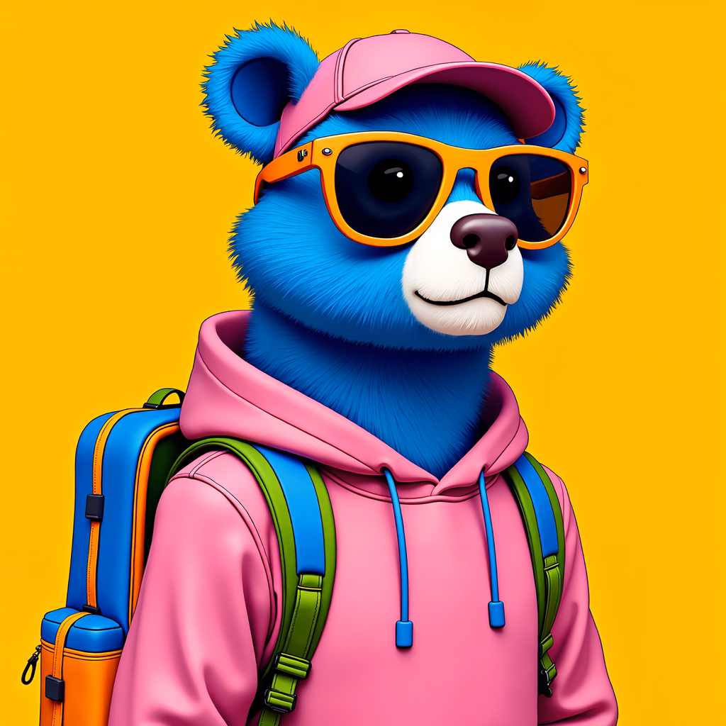 A cool, colorful bear wearing hipster gear against a bright yellow backdrop.