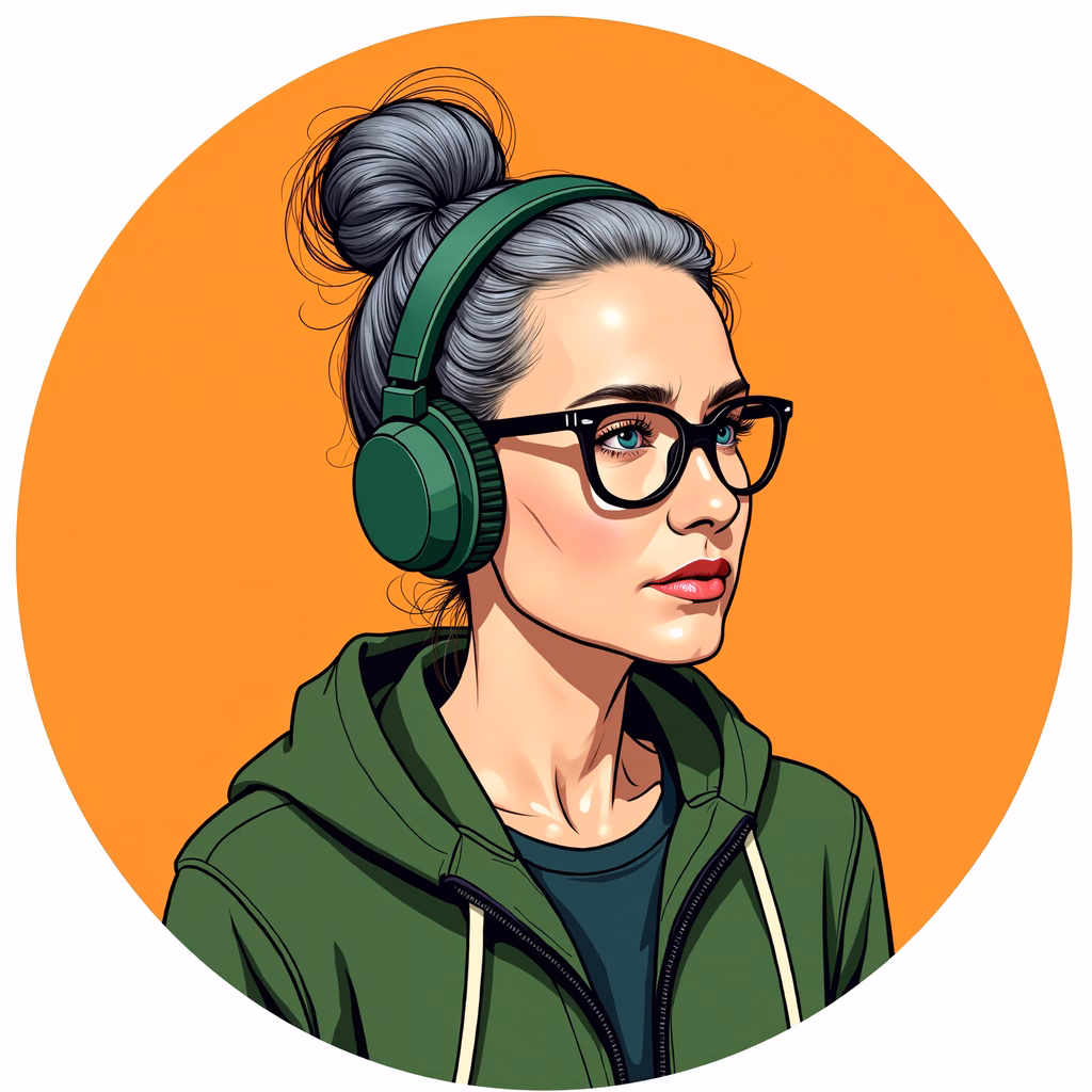 Modern hipster girl with headphones and glasses in a bold orange background.