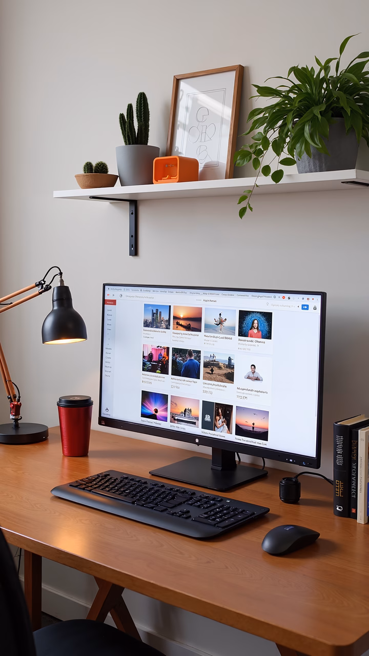 A modern home office setup with a wooden desk, monitor, and decorative plants.