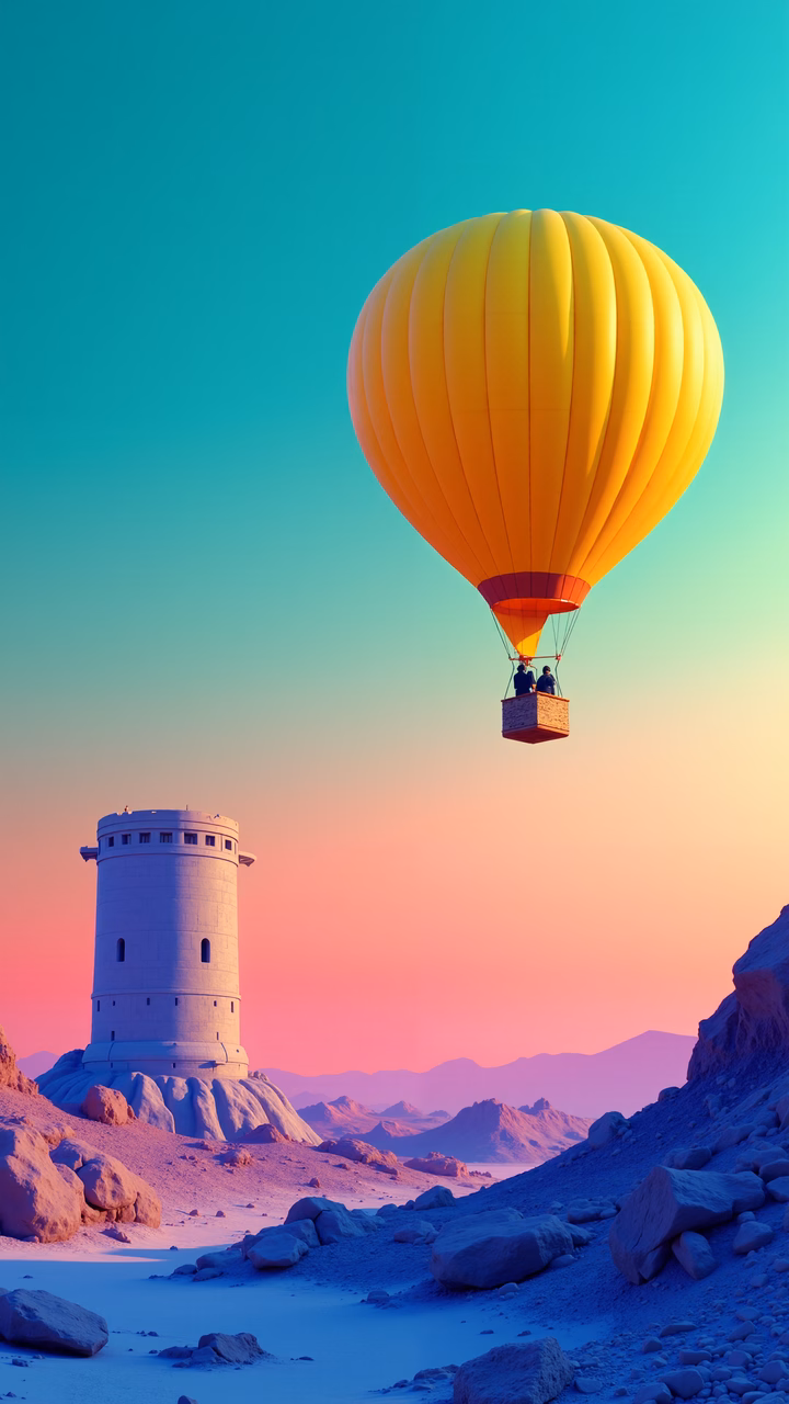 Hot air balloon soaring over a desert landscape with a solitary tower, capturing the essence of adventure and tranquility.