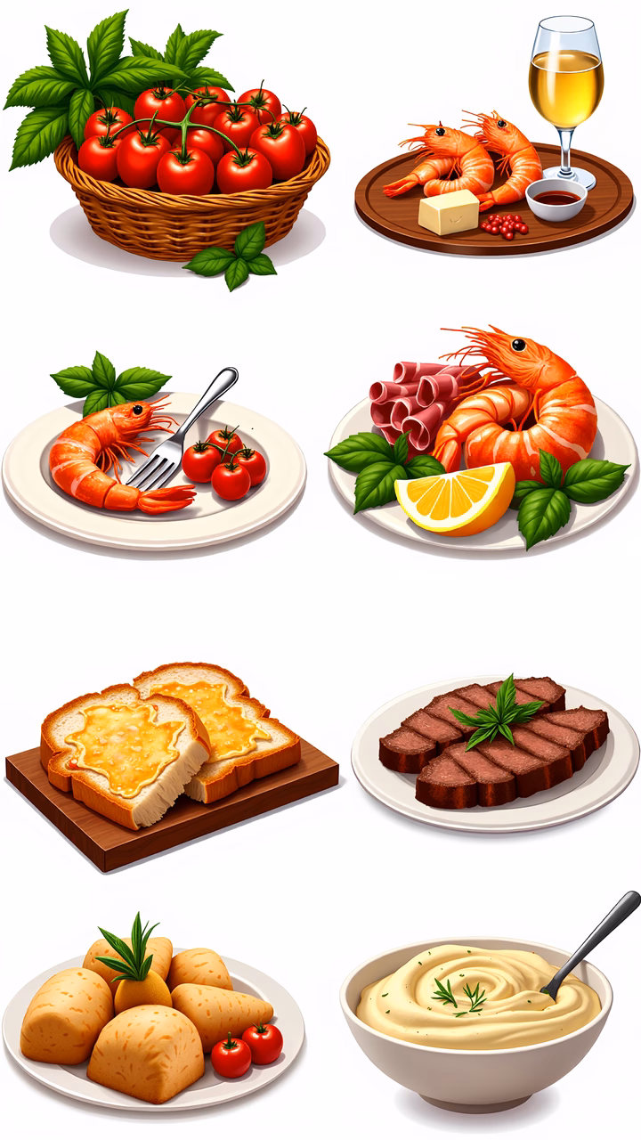 Vibrant illustrations of Mediterranean dishes featuring fresh ingredients and rich colors.