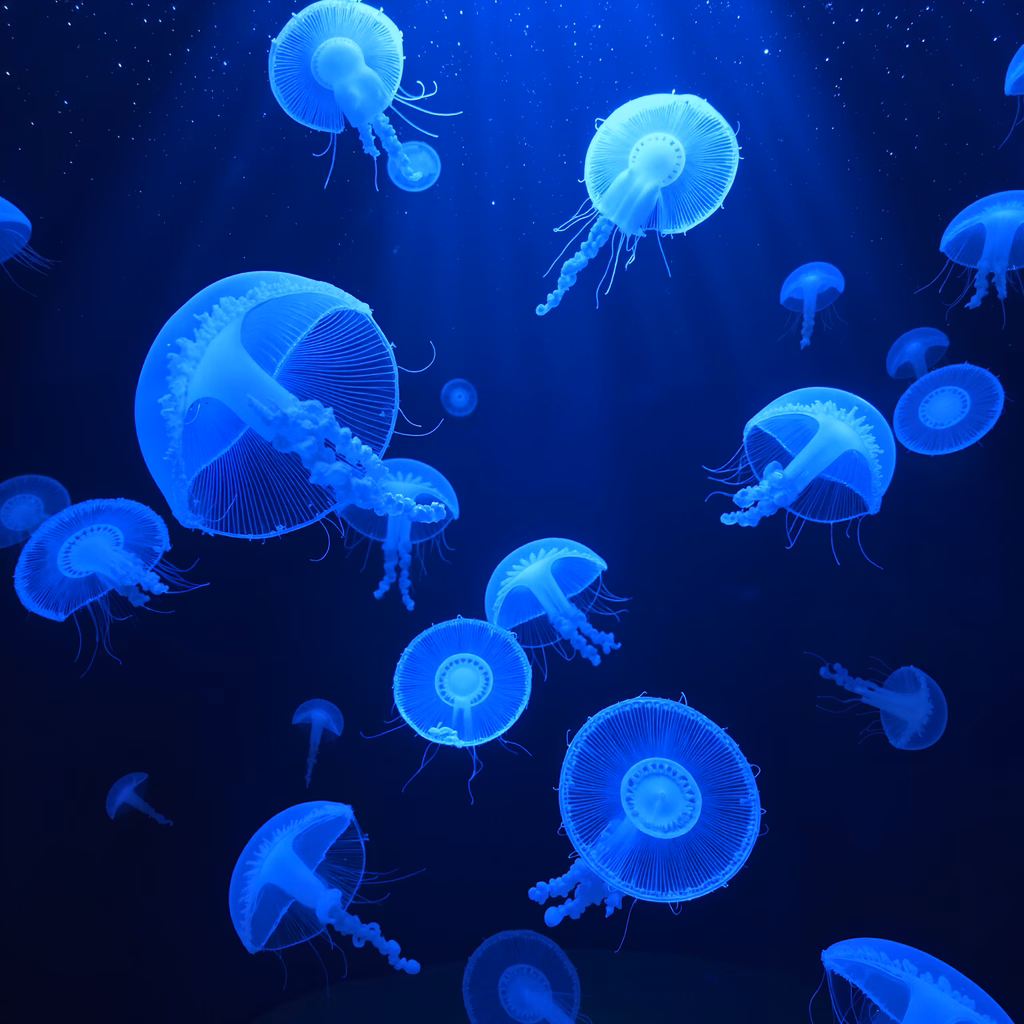 Mesmerizing underwater jellyfish illuminated in blue light.