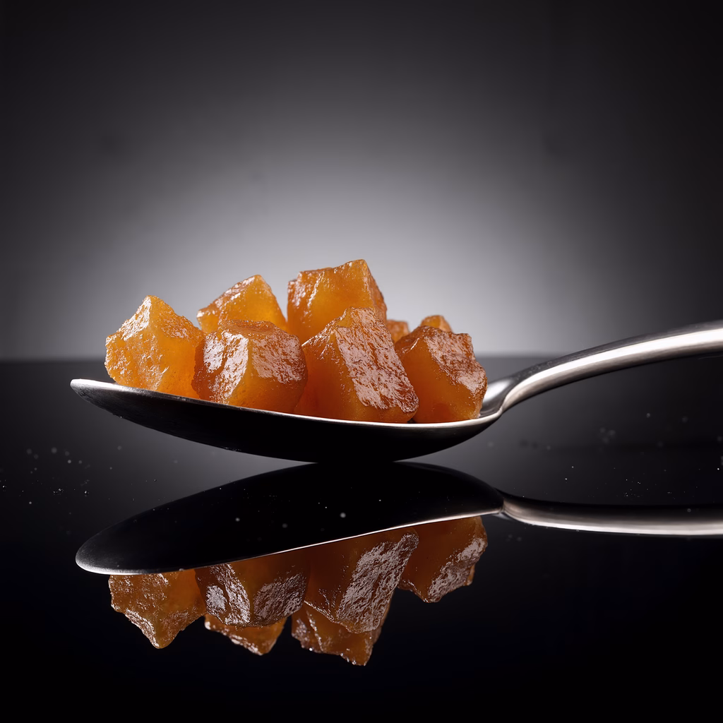 Close-up of spoonful of amber crystals on reflective surface.