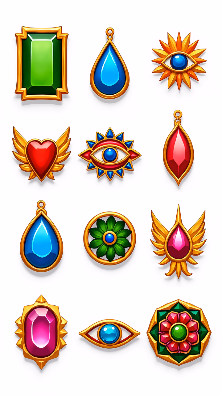 A set of colorful, stylized jewelry icons featuring gemstones, hearts, eyes, and more.