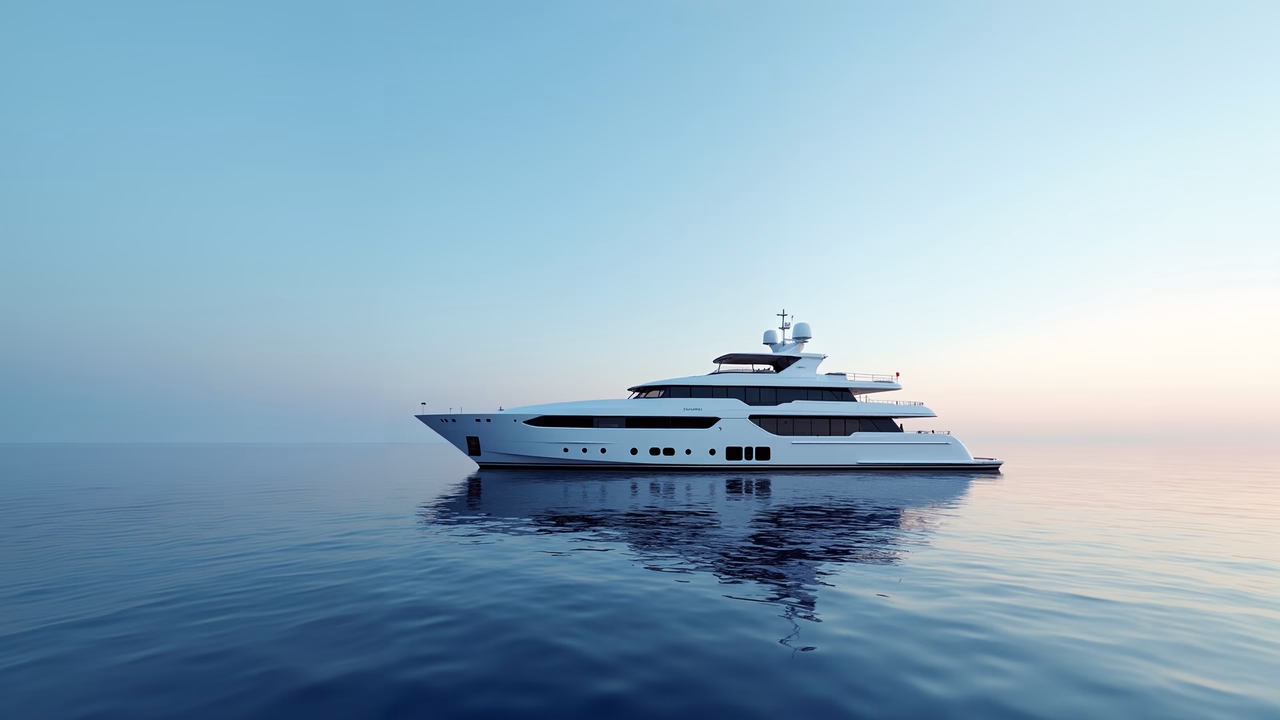 Sleek white luxury yacht on calm waters, serene sky transition, exclusivity, tranquility.