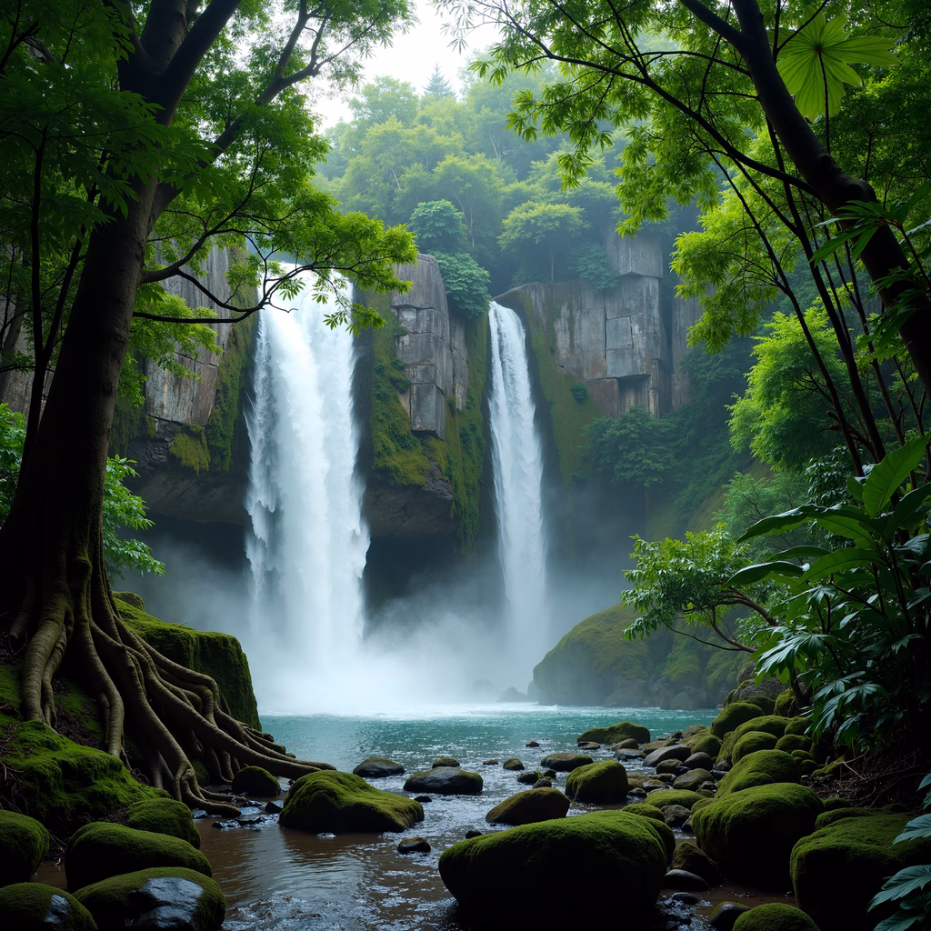 Two majestic waterfalls amidst a verdant forest, capturing nature's raw beauty.