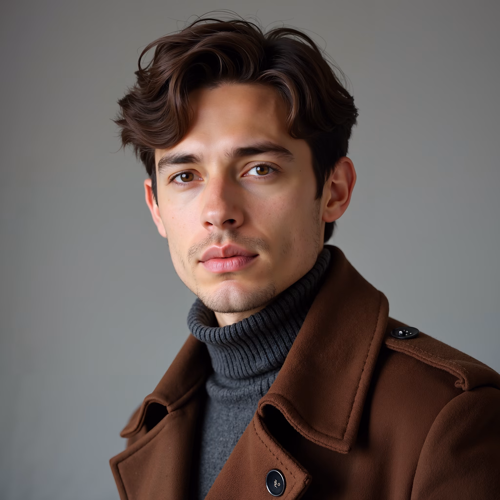 A stylish portrait of a man in a brown coat against a neutral backdrop.