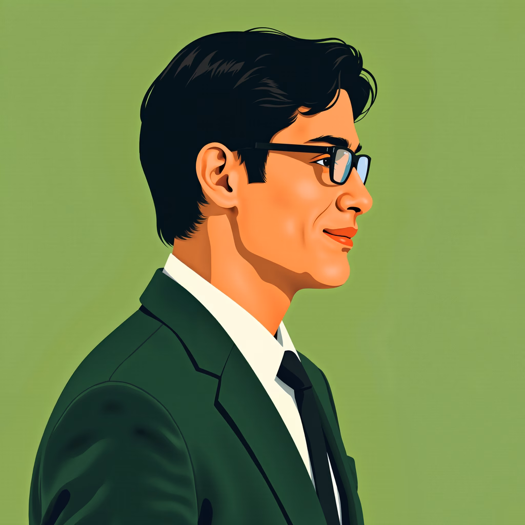 A stylish man in a suit against a vibrant green backdrop.