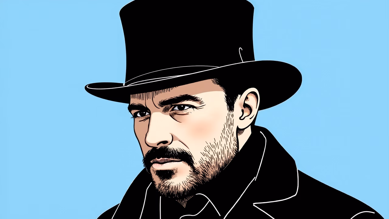 Vintage-style portrait of a man in a top hat on a light blue background.
