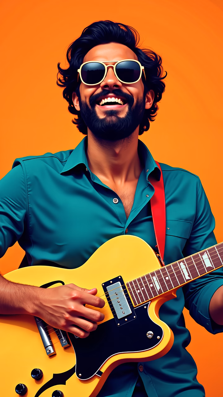 Vibrant musician playing a bright yellow electric guitar against an orange backdrop.