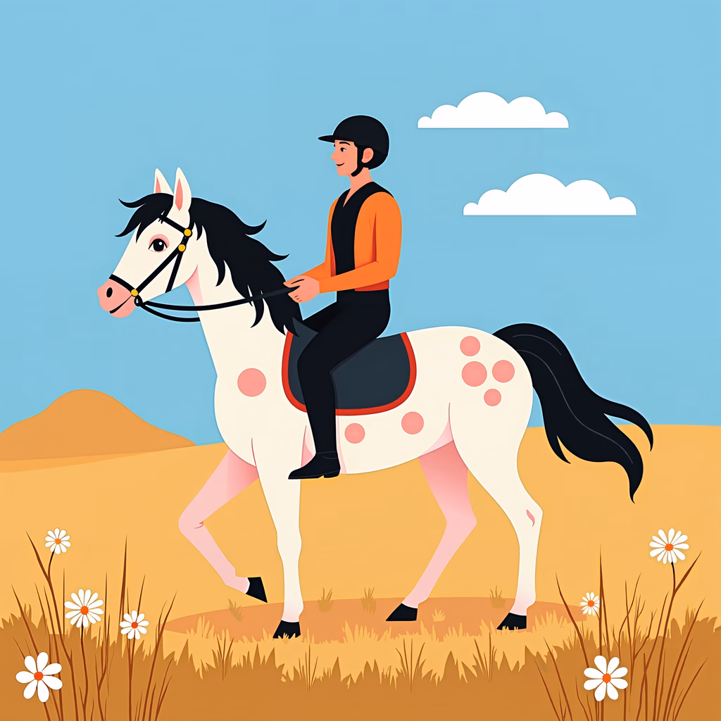 Man riding horse in a peaceful countryside setting, vibrant colors, joyful atmosphere.