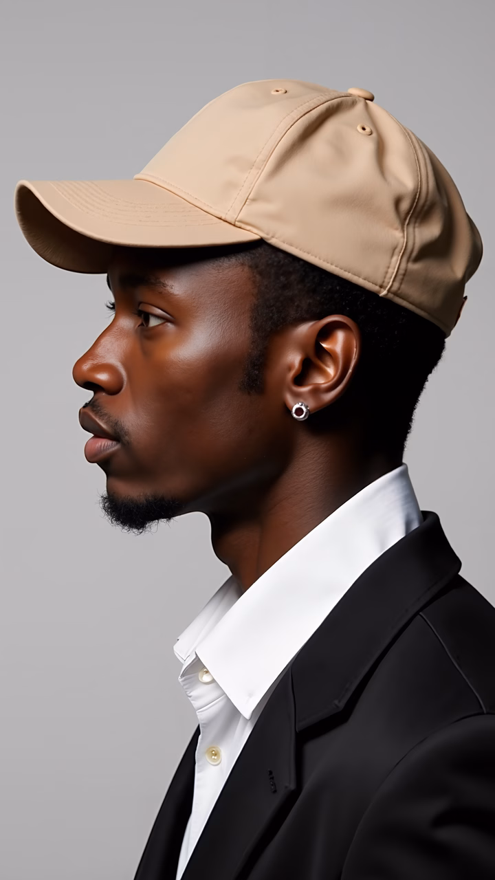 Close-up portrait of a man in a beige cap and black blazer, showcasing minimalist fashion.