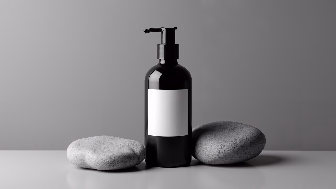 Sleek black bottle with pump dispenser amidst gray stones on a minimalist white surface.