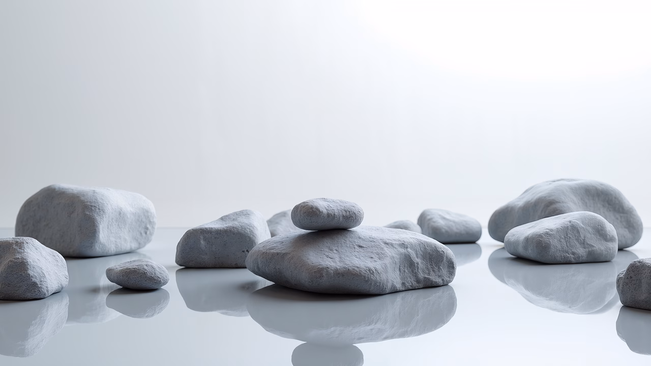 Minimalist stone arrangement with soft gray tones and reflective surface.