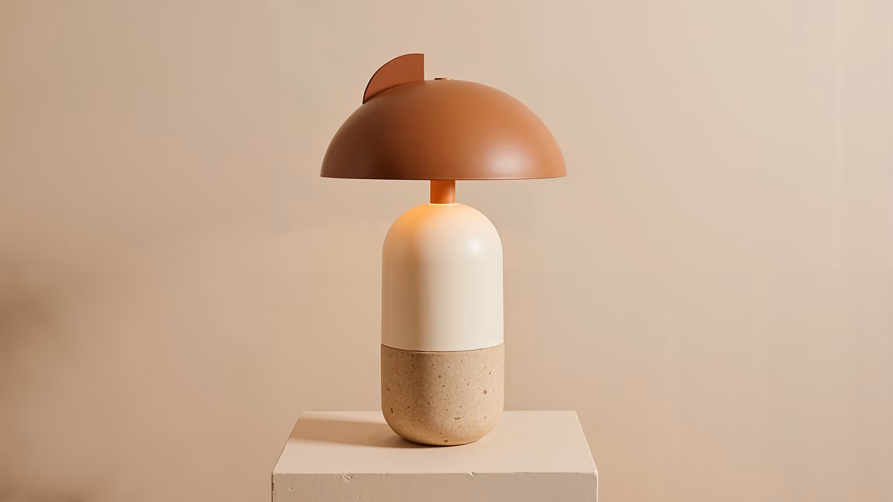 A stylish minimalist table lamp with a terracotta dome and contrasting textures.