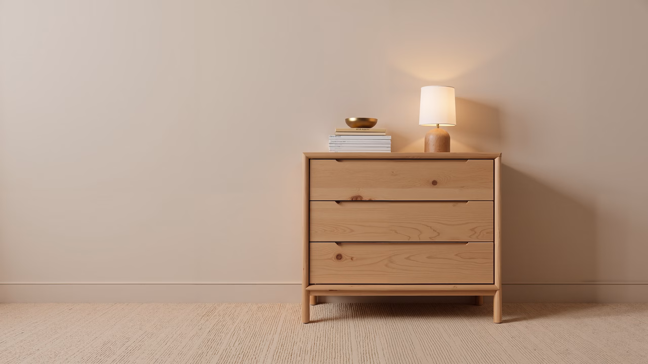 Minimalist wooden chest with warm lighting, perfect for a serene interior design.