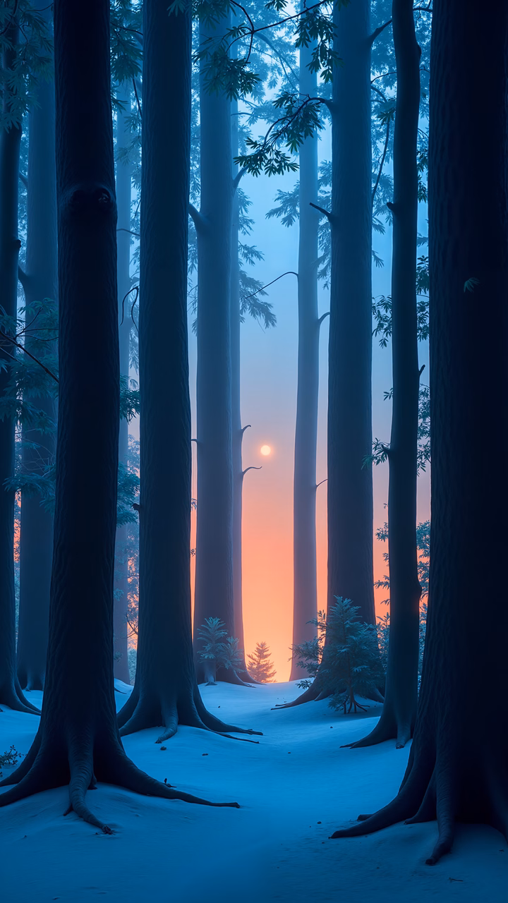 A misty forest at sunset, serene and mysterious.