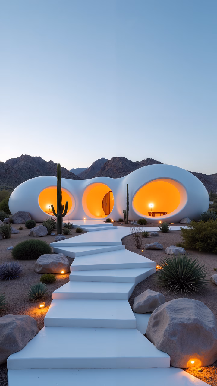 Modern architecture in a serene desert setting.