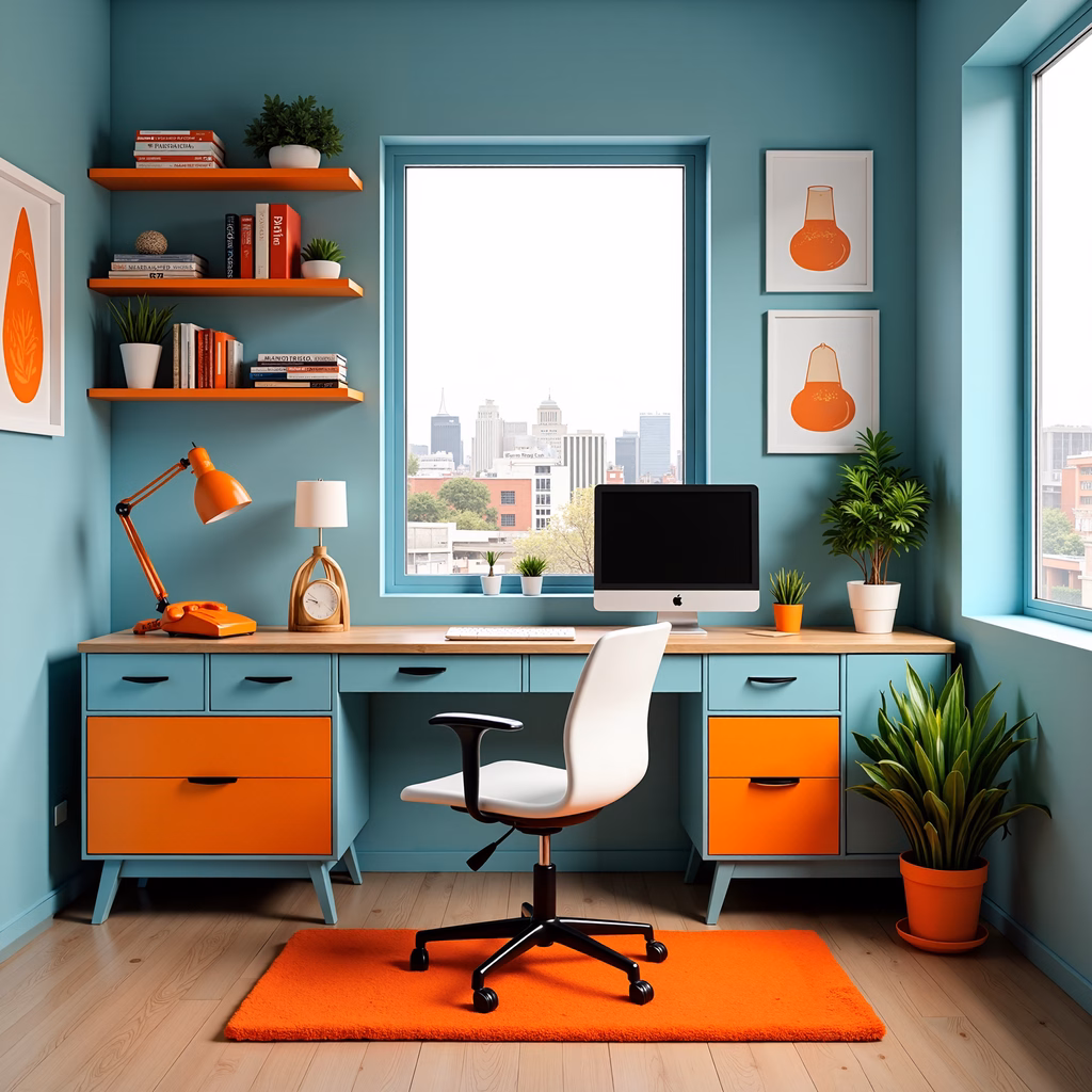 A stylish home office with teal walls, orange accents, and a city view.