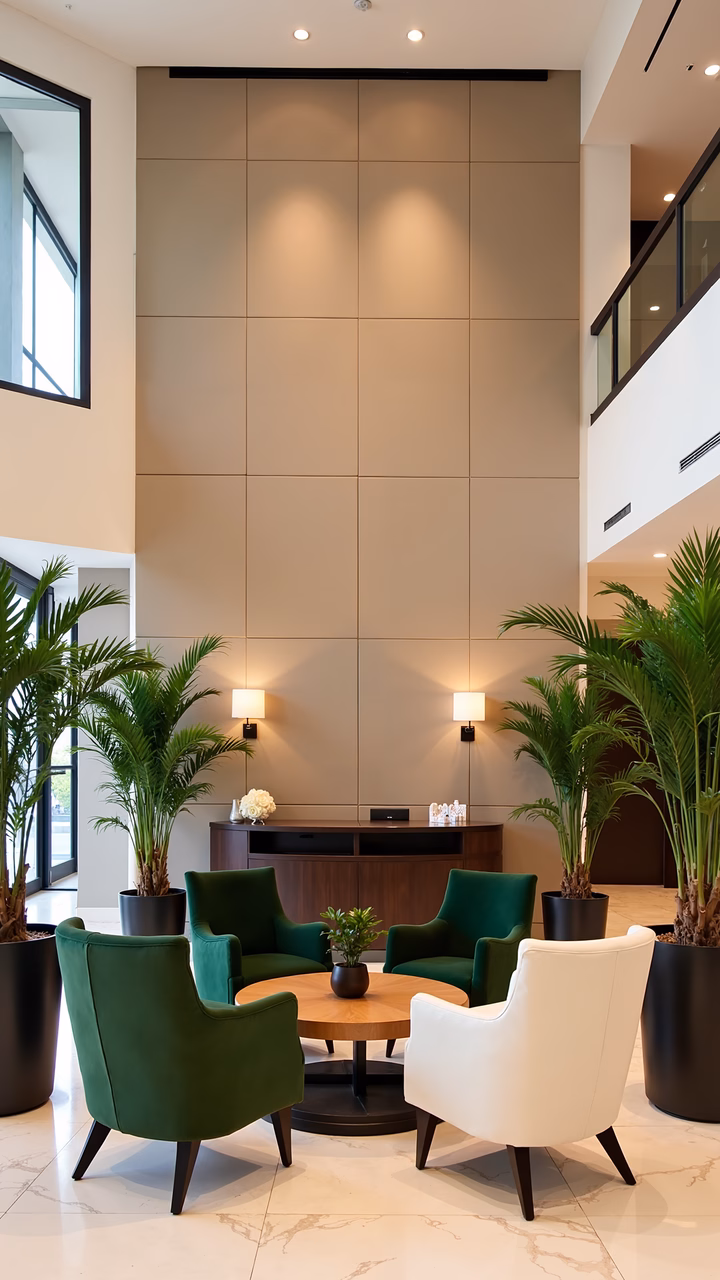 Modern lobby with green chairs and marble flooring.