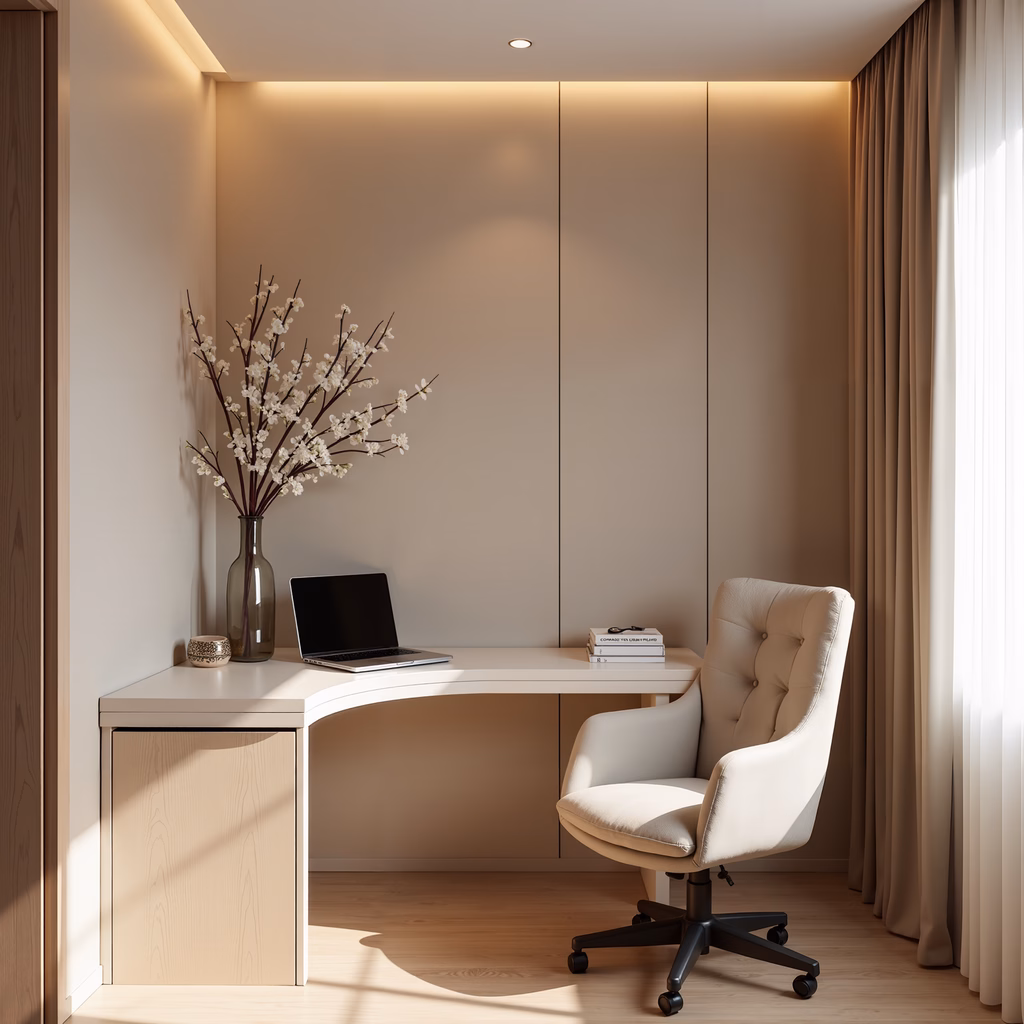 A modern minimalistic home office with a curved desk, white chair, and natural light.
