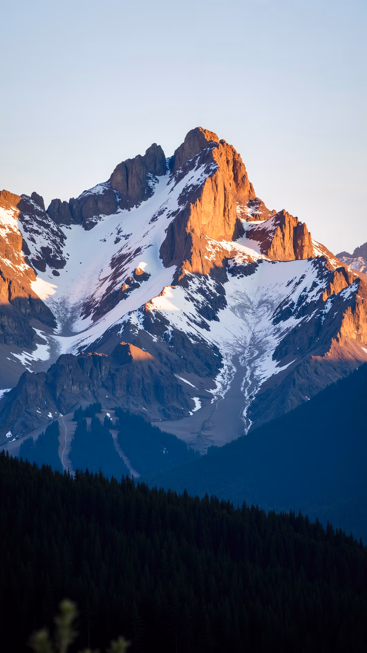 Sunset illuminates a snow-covered mountain peak amidst a dense forest.
