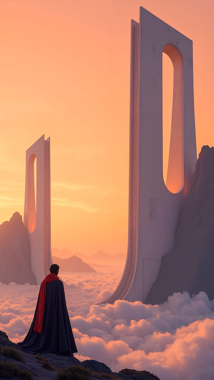 Futuristic portals in a serene sunset landscape