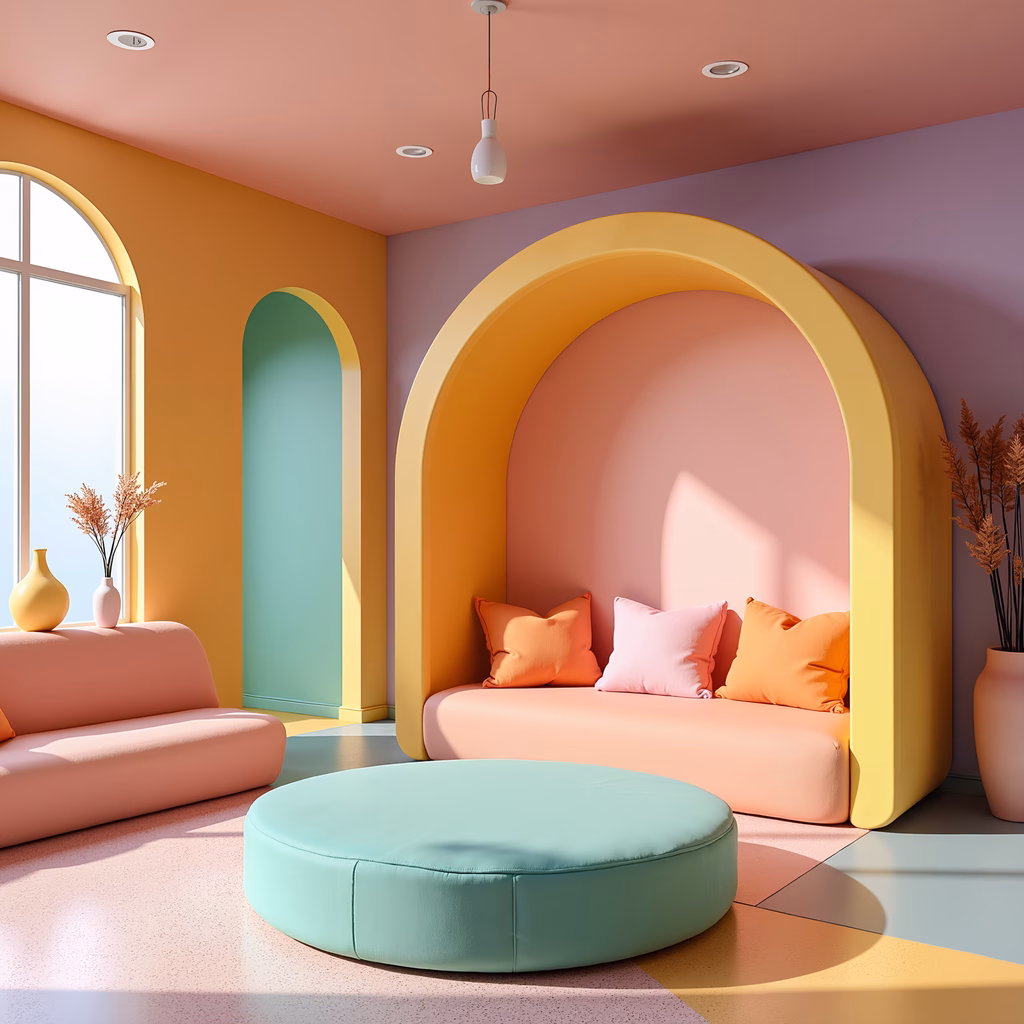 A cozy pastel-colored seating area with arches and cushions, creating a cheerful and modern vibe.