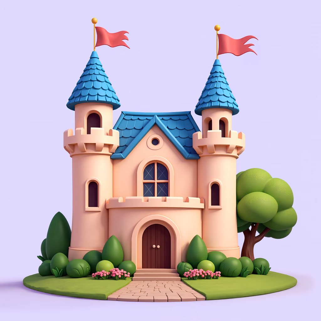 A delightful pastel-colored castle surrounded by nature, ideal for children's art.