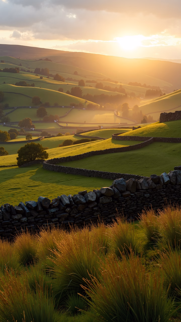 Golden sunlight illuminates rolling hills and vibrant green fields, creating a serene pastoral landscape.