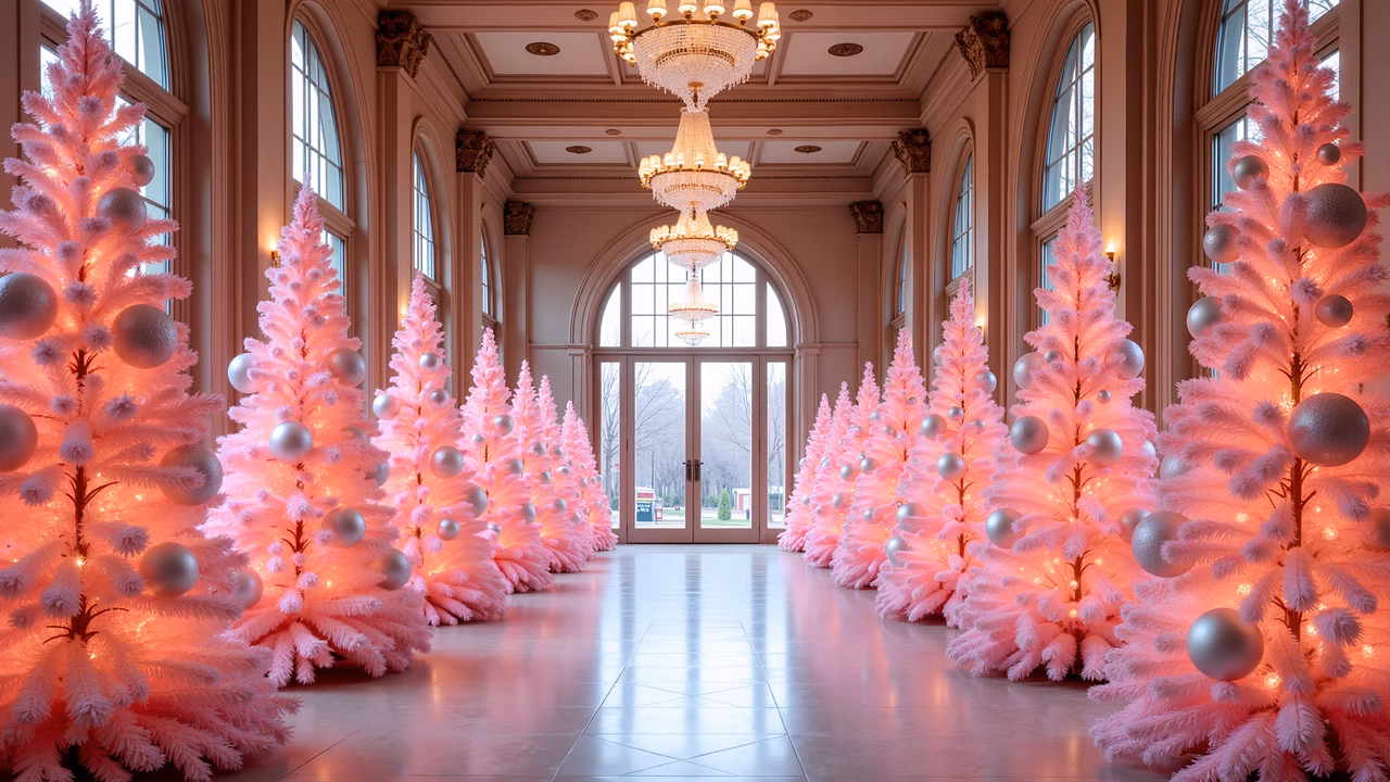 Elegant pink-lit Christmas trees in a grand hallway