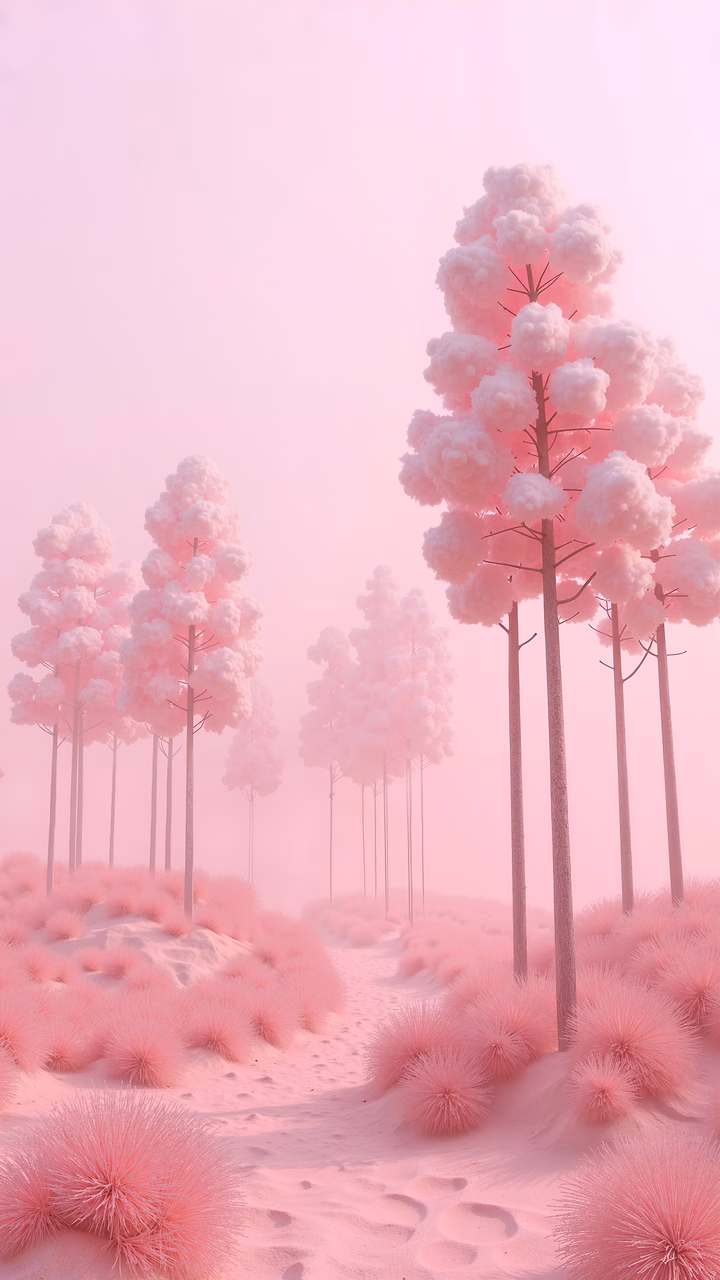 A fantastical pink forest with cloud-like trees and tufted ground plants.