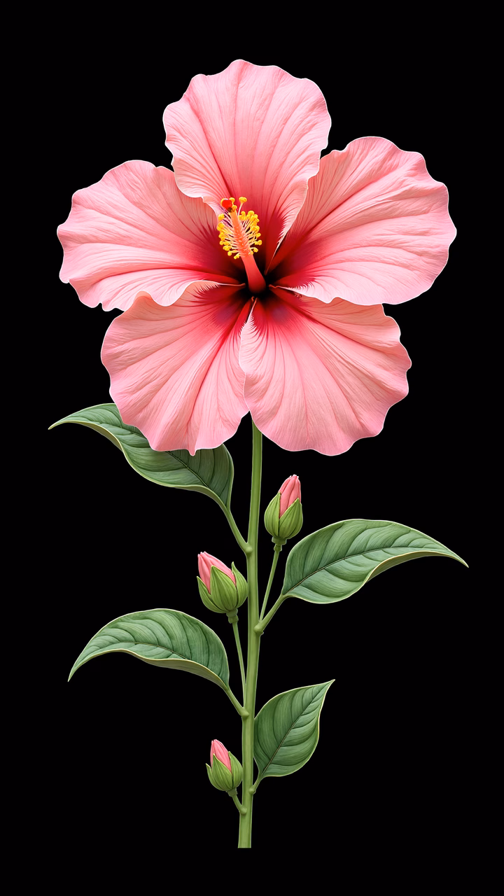 Detailed botanical illustration of a pink hibiscus flower with lush green leaves and buds.