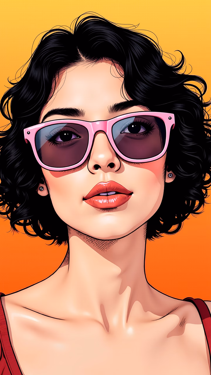 Bold sunglasses and vibrant colors create a stylish retro illustration.