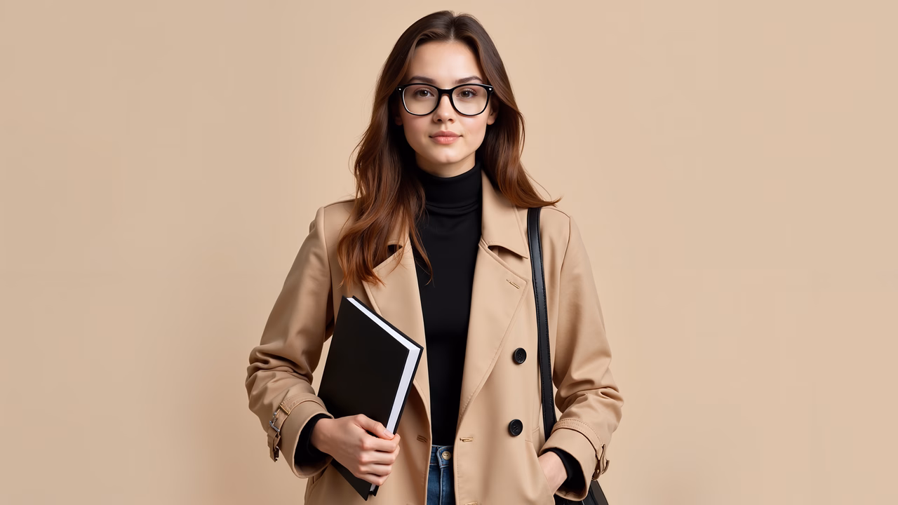 Professional woman in beige trench coat and black turtleneck, holding a folder.