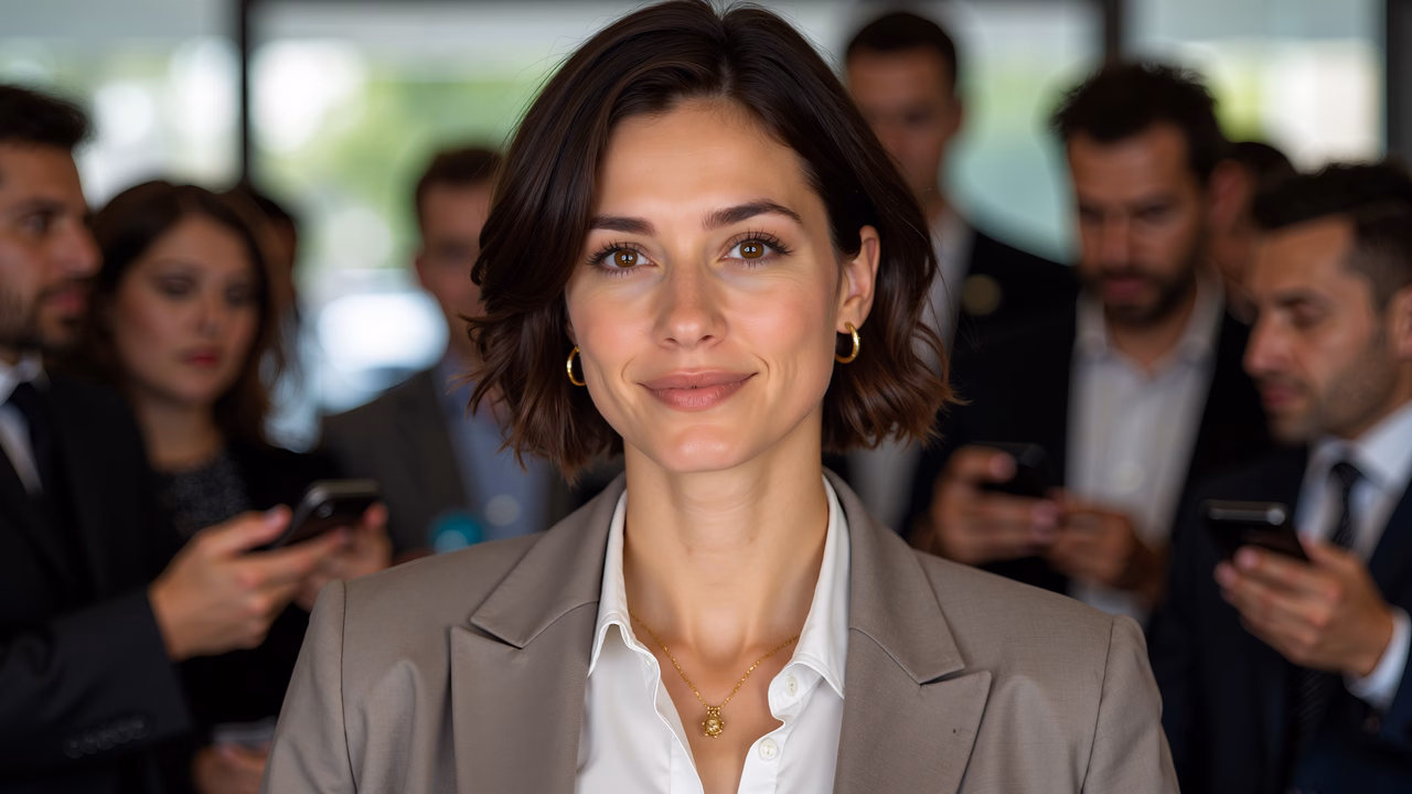 Professional woman smiling in a modern office setting with a group of people in the background.
